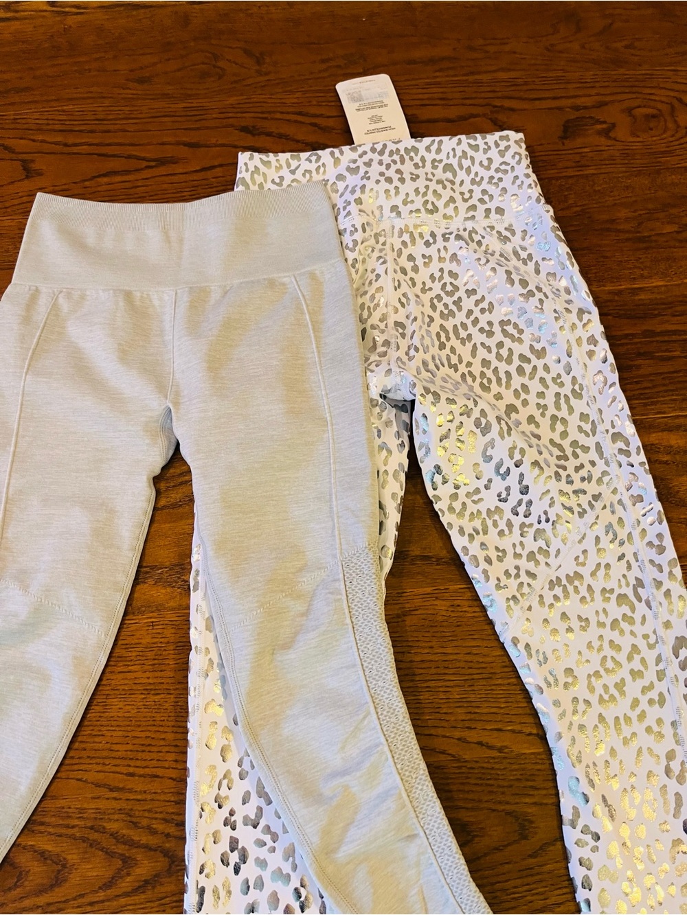 2 pairs Fabletics White Metallic Leopard Print Leggings and Gray leggings